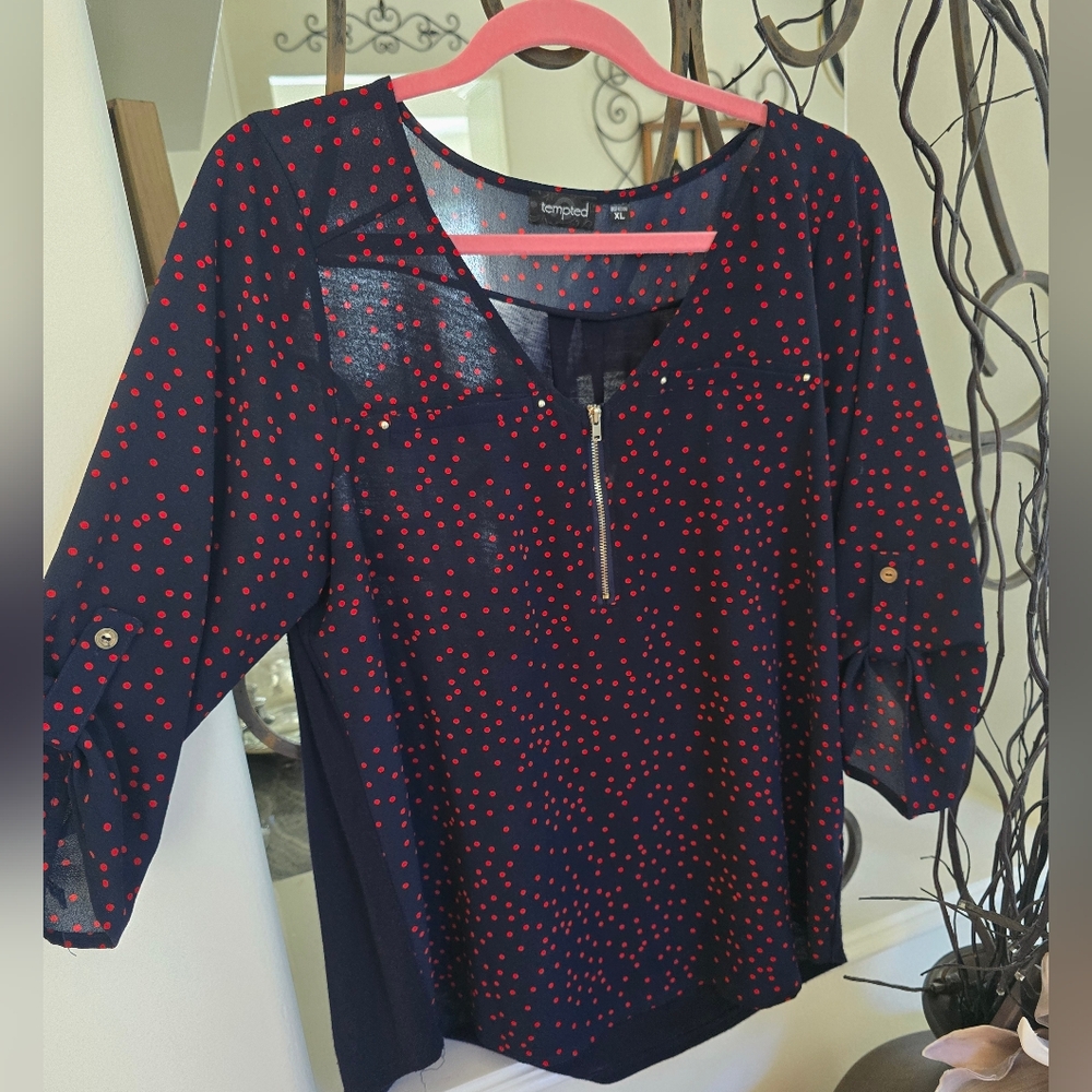 Polka Dot Women's Blouse Navy and Red, Size XL